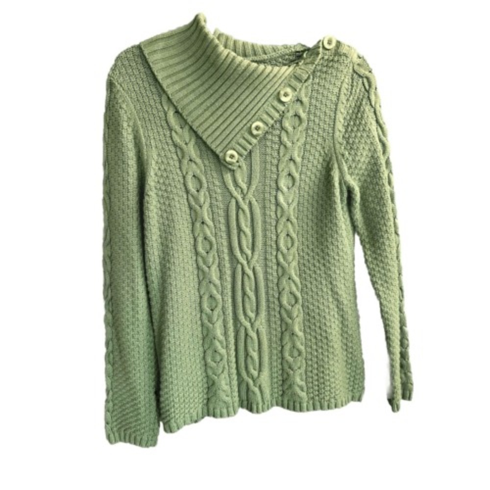 Charter Club Cable‎ Knit Sweater Green Button Collar Medium  Petite Cotton